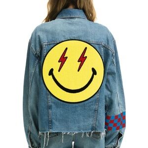 Aviator Nation Blue Denim Jacket with Yellow Smiley and Red Accents